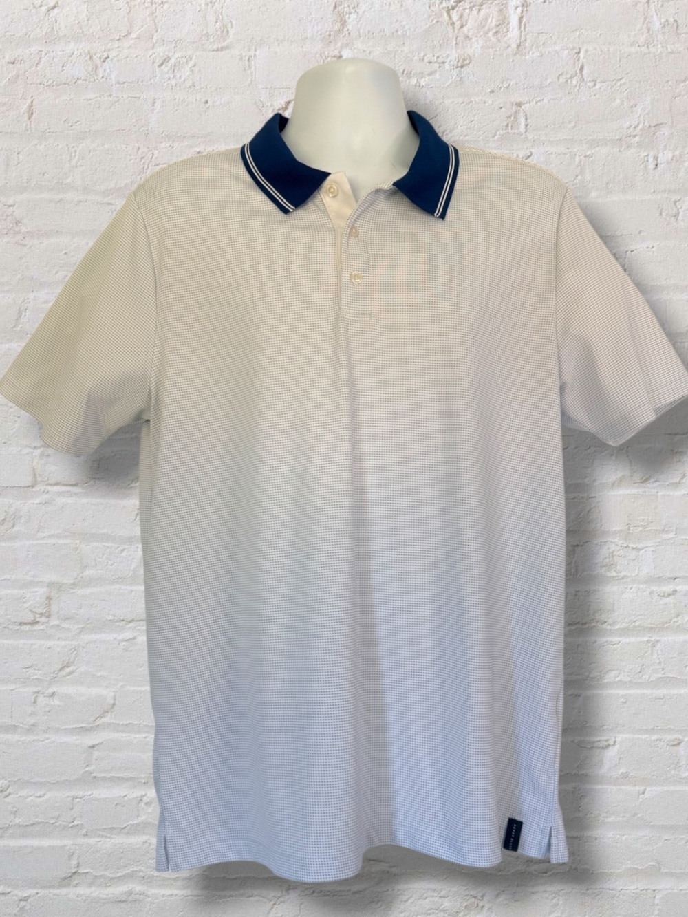 Perry Ellis Polo Shirt Men Large White Blue Textured Performance Golf Polo